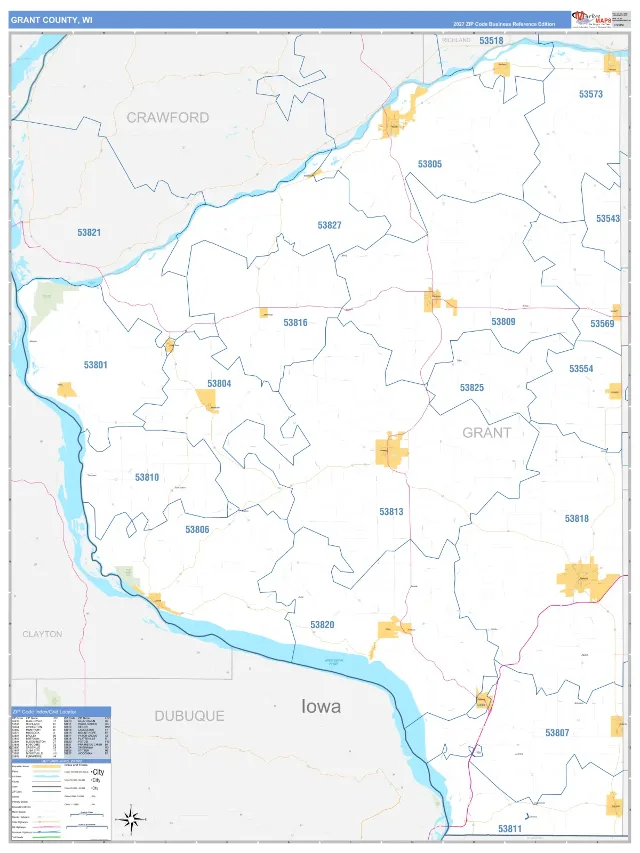 Grant County, WI ZIP Code Wall Map, Business Reference style