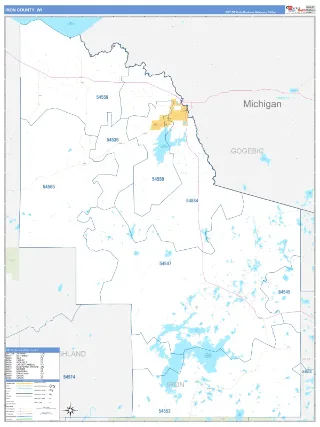 Iron County, WI Business Reference style ZIP Code wall map