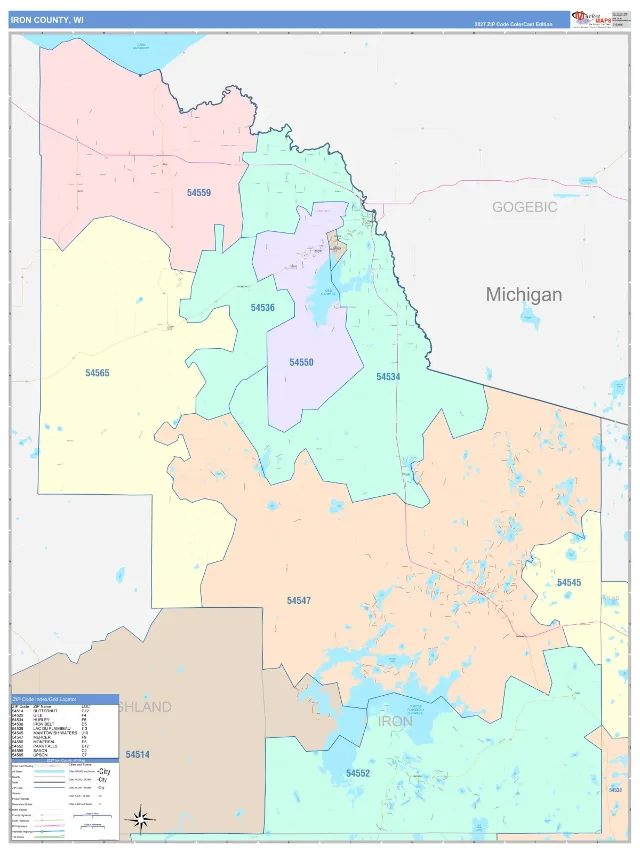 Iron County, WI ZIP Code Wall Map, ColorCast style