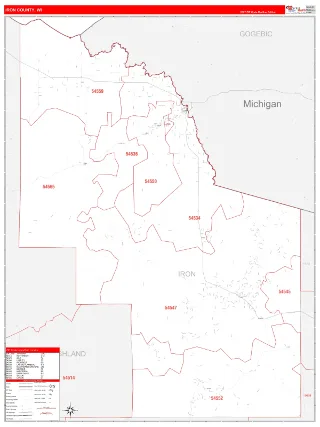 Iron County, WI RedLine style ZIP Code wall map