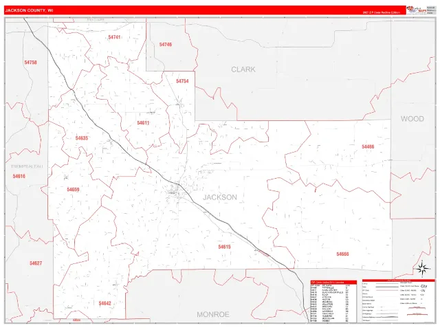 Jackson County, WI ZIP Code Wall Map, RedLine style