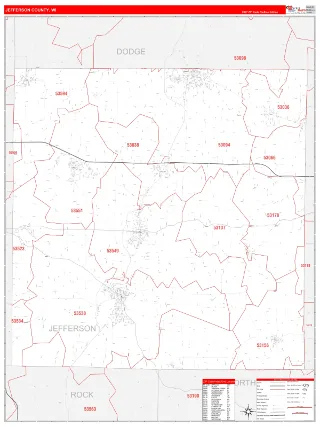 Jefferson County, WI RedLine style ZIP Code wall map