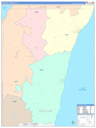 Kewaunee County, WI ColorCast style ZIP Code wall map