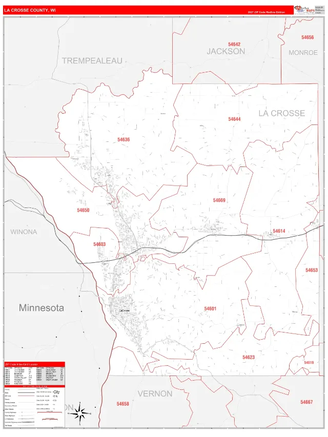 La Crosse County, WI ZIP Code Wall Map, RedLine style
