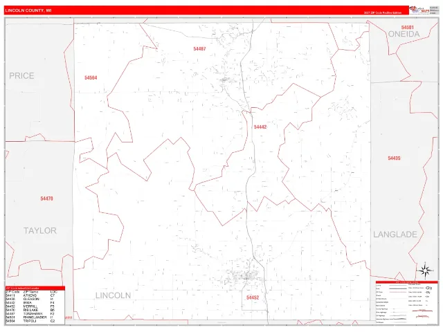 Lincoln County, WI ZIP Code Wall Map, RedLine style