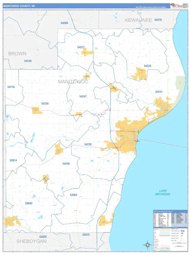 Manitowoc County, WI ZIP Code Wall Map, Business Reference style