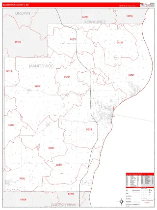 Manitowoc County, WI RedLine style ZIP Code wall map
