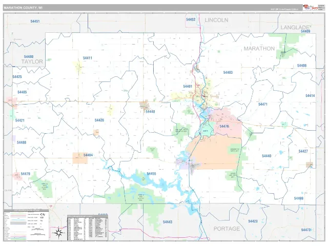 Marathon County, WI ZIP Code Wall Map, Classic style