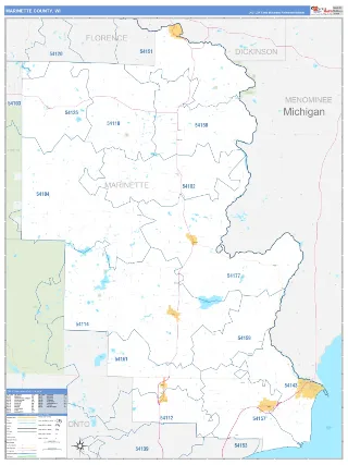 Marinette County, WI Business Reference style ZIP Code wall map