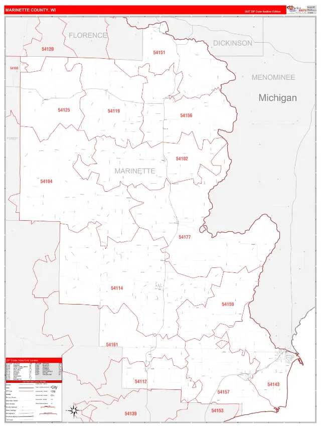 Marinette County, WI ZIP Code Wall Map, RedLine style