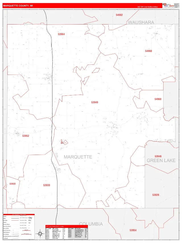 Marquette County, WI ZIP Code Wall Map, RedLine style