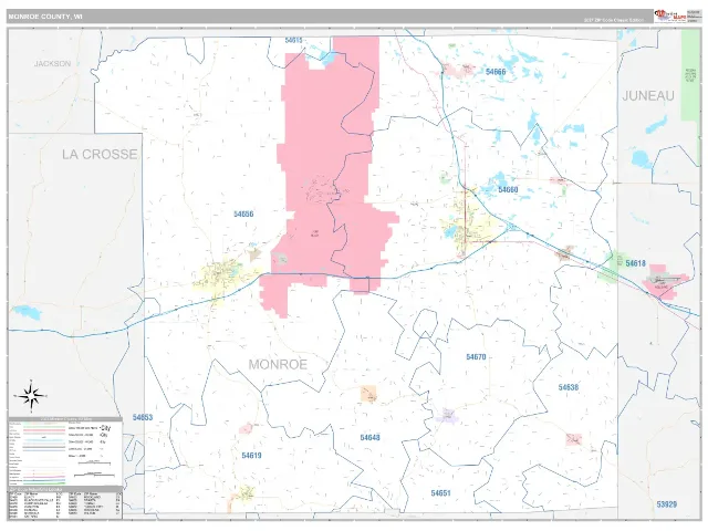 Monroe County, WI ZIP Code Wall Map, Classic style