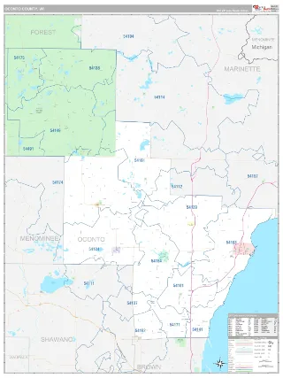 Oconto County, WI Classic style ZIP Code wall map