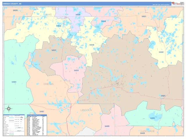 Oneida County, WI ZIP Code Wall Map, ColorCast style