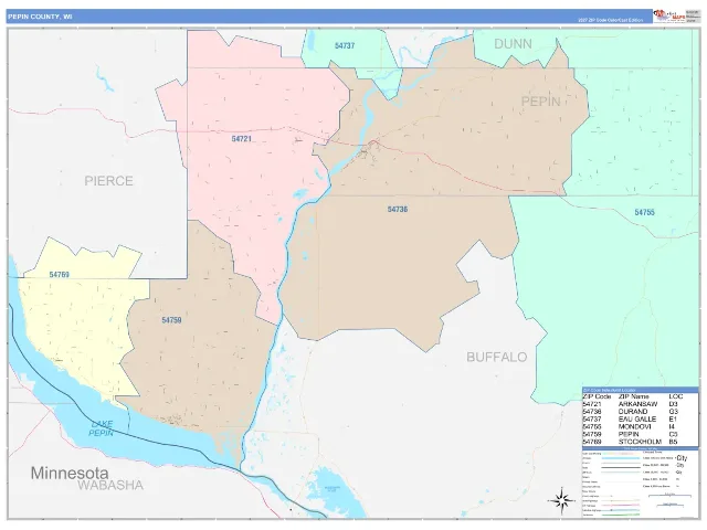 Pepin County, WI ZIP Code Wall Map, ColorCast style