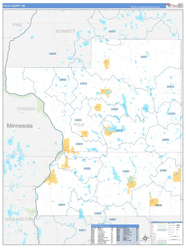 Polk County, WI ZIP Code Wall Map, Business Reference style