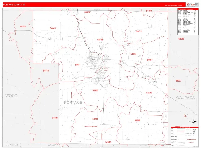 Portage County, WI ZIP Code Wall Map, RedLine style