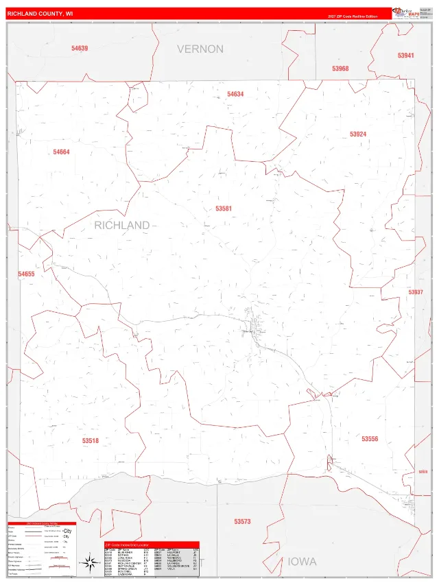 Richland County, WI ZIP Code Wall Map, RedLine style