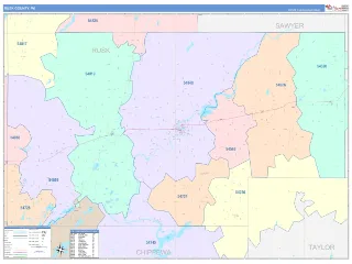 Rusk County, WI ColorCast style ZIP Code wall map