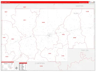 Rusk County, WI RedLine style ZIP Code wall map