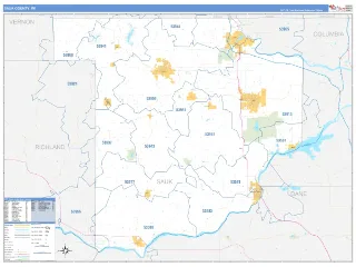 Sauk County, WI Business Reference style ZIP Code wall map