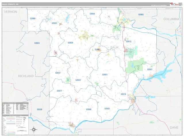 Sauk County, WI ZIP Code Wall Map, Classic style