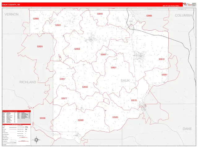 Sauk County, WI ZIP Code Wall Map, RedLine style
