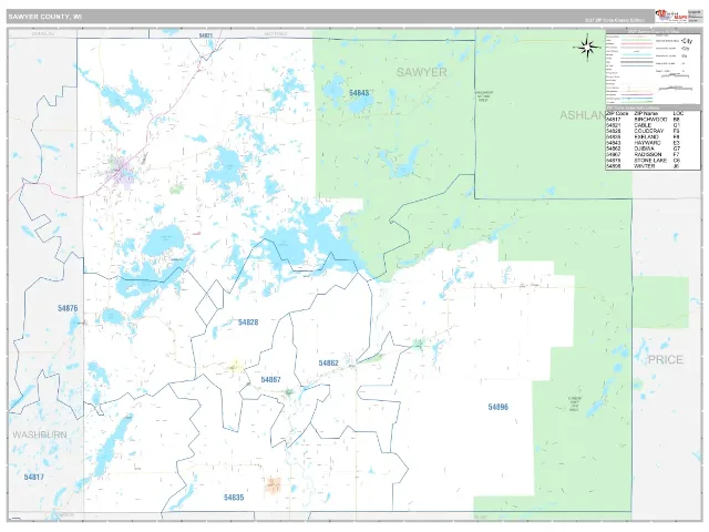 Sawyer County, WI ZIP Code Wall Map, Classic style