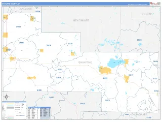 Shawano County, WI Business Reference style ZIP Code wall map