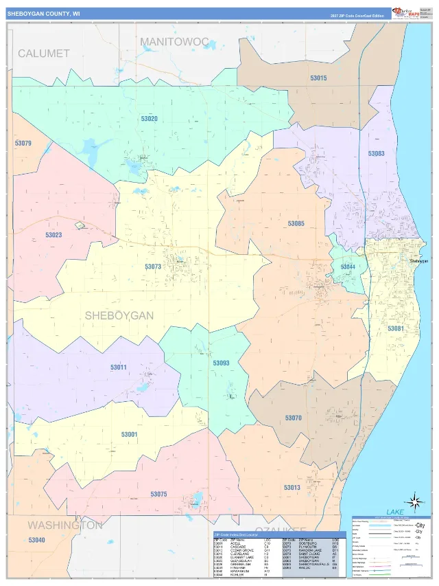 Sheboygan County, WI ZIP Code Wall Map, ColorCast style