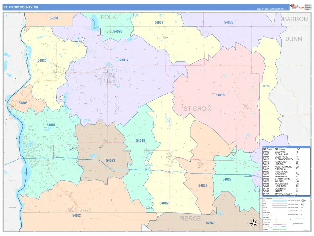St. Croix County, WI ZIP Code Wall Map, ColorCast style