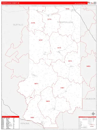 Trempealeau County, WI RedLine style ZIP Code wall map