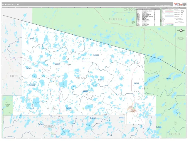 Vilas County, WI ZIP Code Wall Map, Classic style