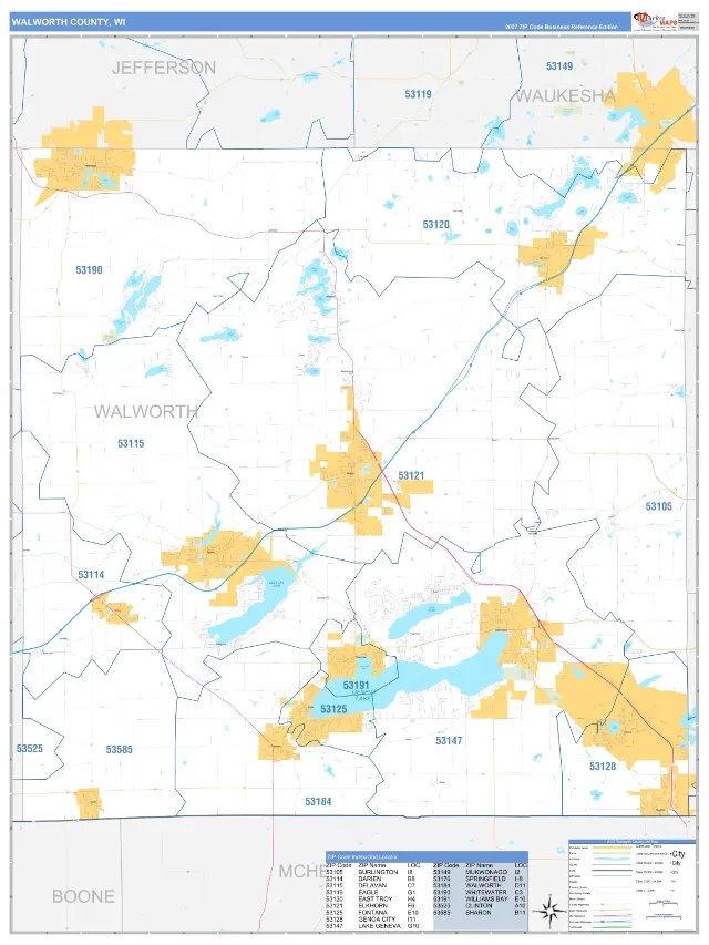 Walworth County, WI ZIP Code Wall Map, Business Reference style