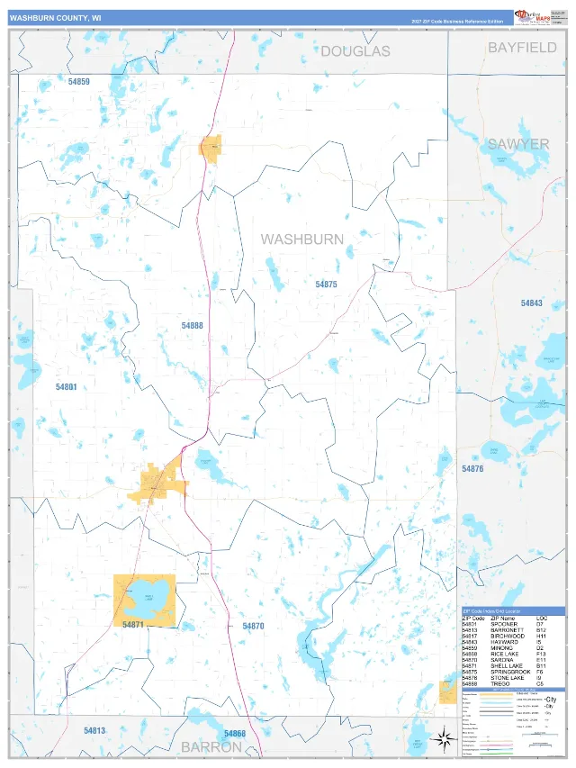 Washburn County, WI ZIP Code Wall Map, Business Reference style