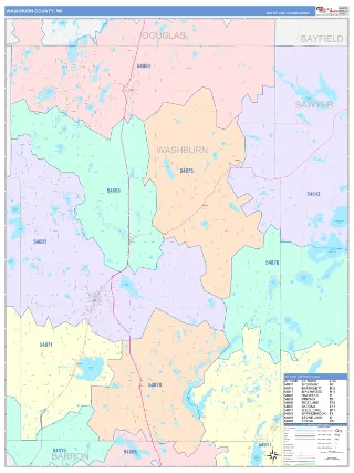 Washburn County, WI ColorCast style ZIP Code wall map