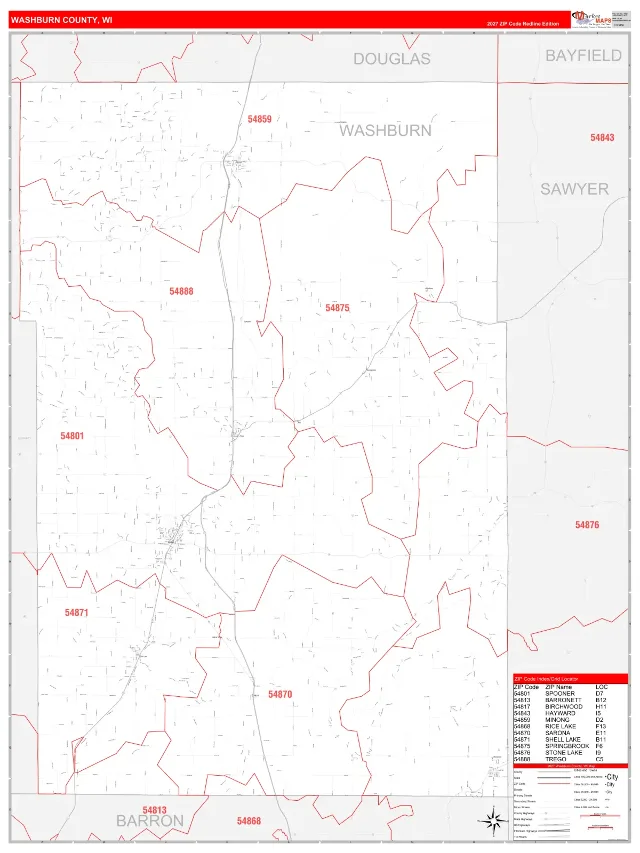 Washburn County, WI ZIP Code Wall Map, RedLine style