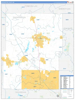 Washington County, WI Business Reference style ZIP Code wall map