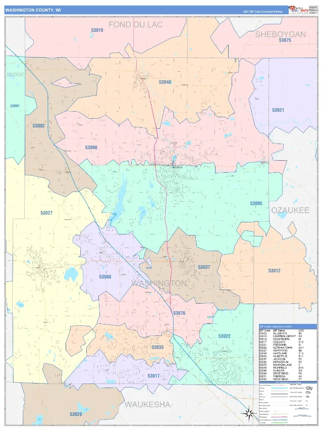 Washington County, WI ZIP Code Wall Map, ColorCast style