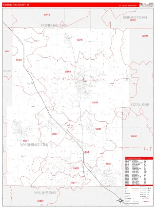 Washington County, WI RedLine style ZIP Code wall map