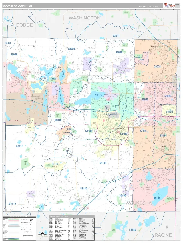 Waukesha County, WI ZIP Code Wall Map, Classic style