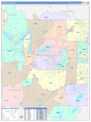 Waukesha County, WI ColorCast style ZIP Code wall map