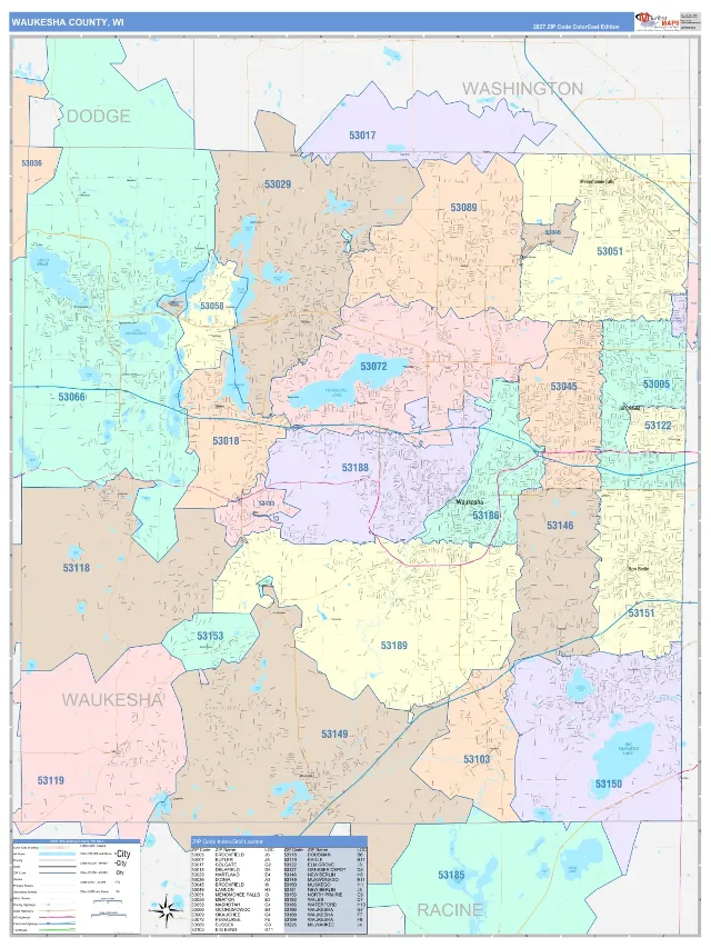 Waukesha County, WI ZIP Code Wall Map, ColorCast style
