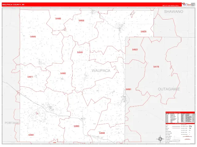Waupaca County, WI ZIP Code Wall Map, RedLine style