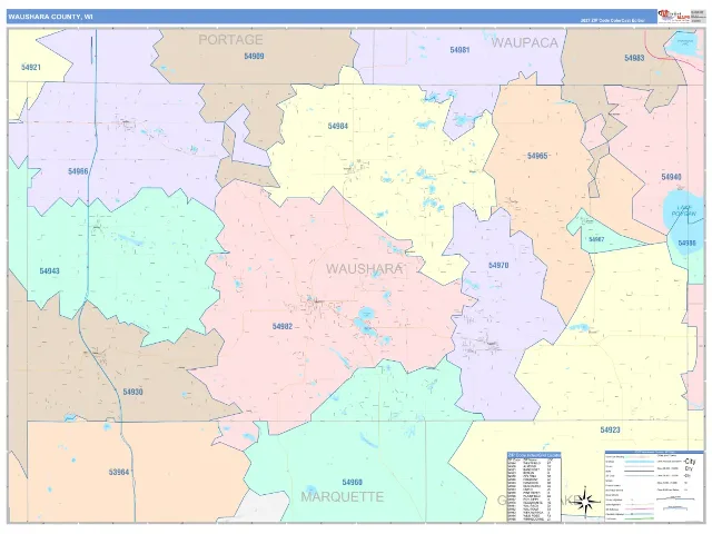 Waushara County, WI ZIP Code Wall Map, ColorCast style