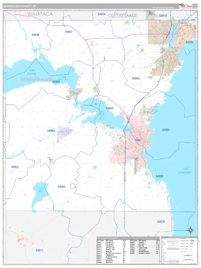 Winnebago County, WI ZIP Code Wall Map, Classic style