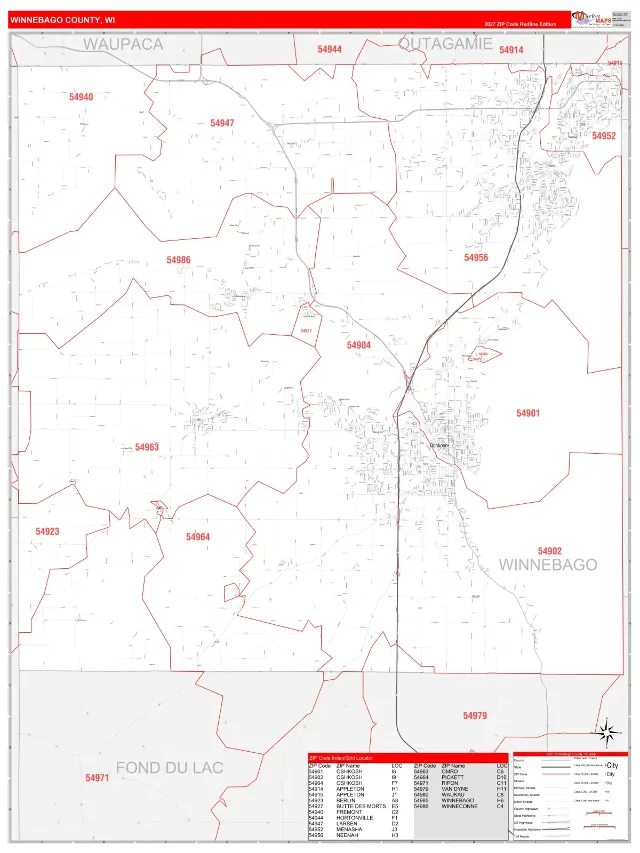 Winnebago County, WI ZIP Code Wall Map, RedLine style