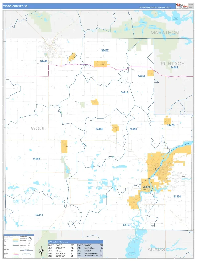 Wood County, WI ZIP Code Wall Map, Business Reference style