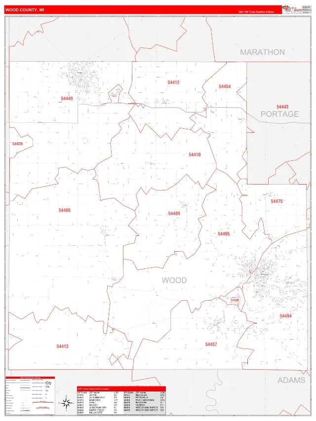 Wood County, WI ZIP Code Wall Map, RedLine style