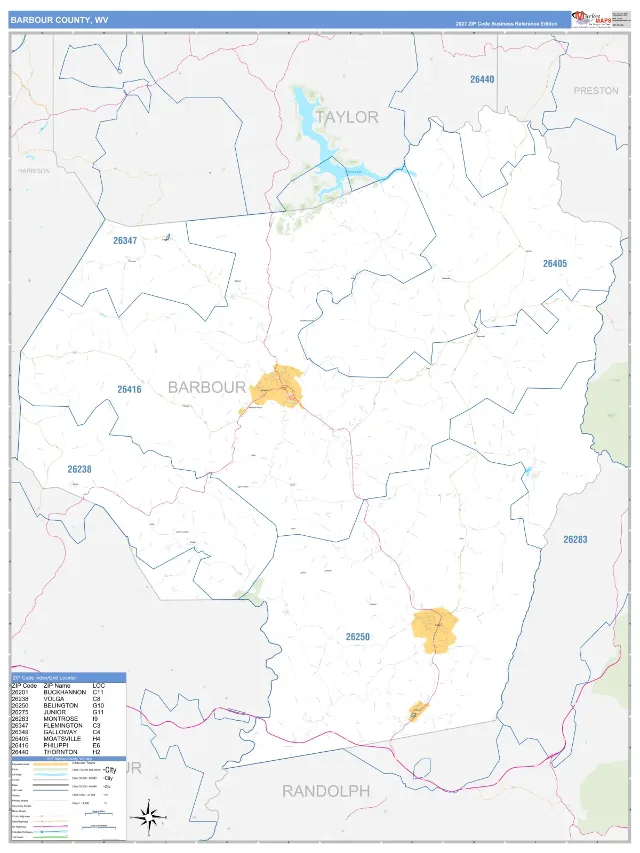 Barbour County, WV ZIP Code Wall Map, Business Reference style